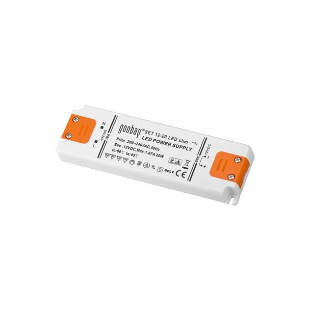 LED strmforsyning, 12VDC, 20W slim, IP20