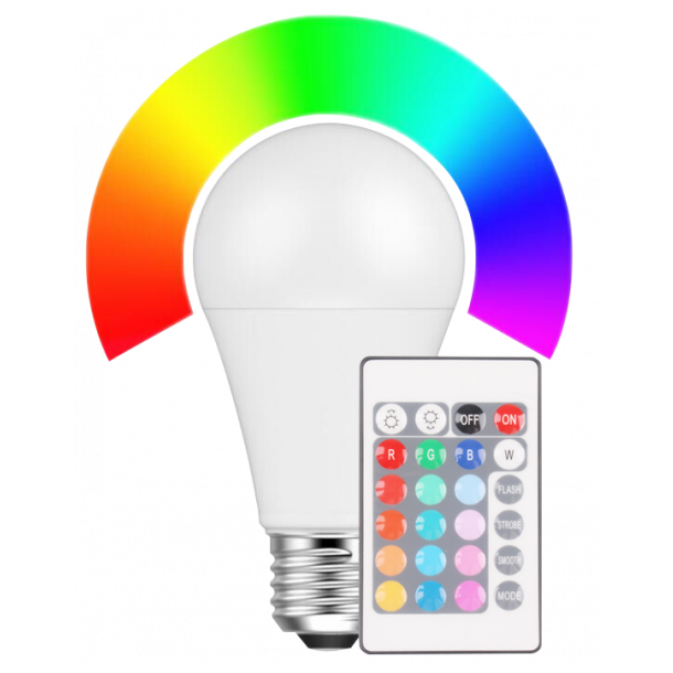 Grine Undertrykkelse Skorpe LED Pære, E27, 9W, RGB + Varmhvid med fjernbetjening - LED Pære E27 Sokkel  - Billigst på fjernbetjeninger, LED lygter og strømforsyninger.